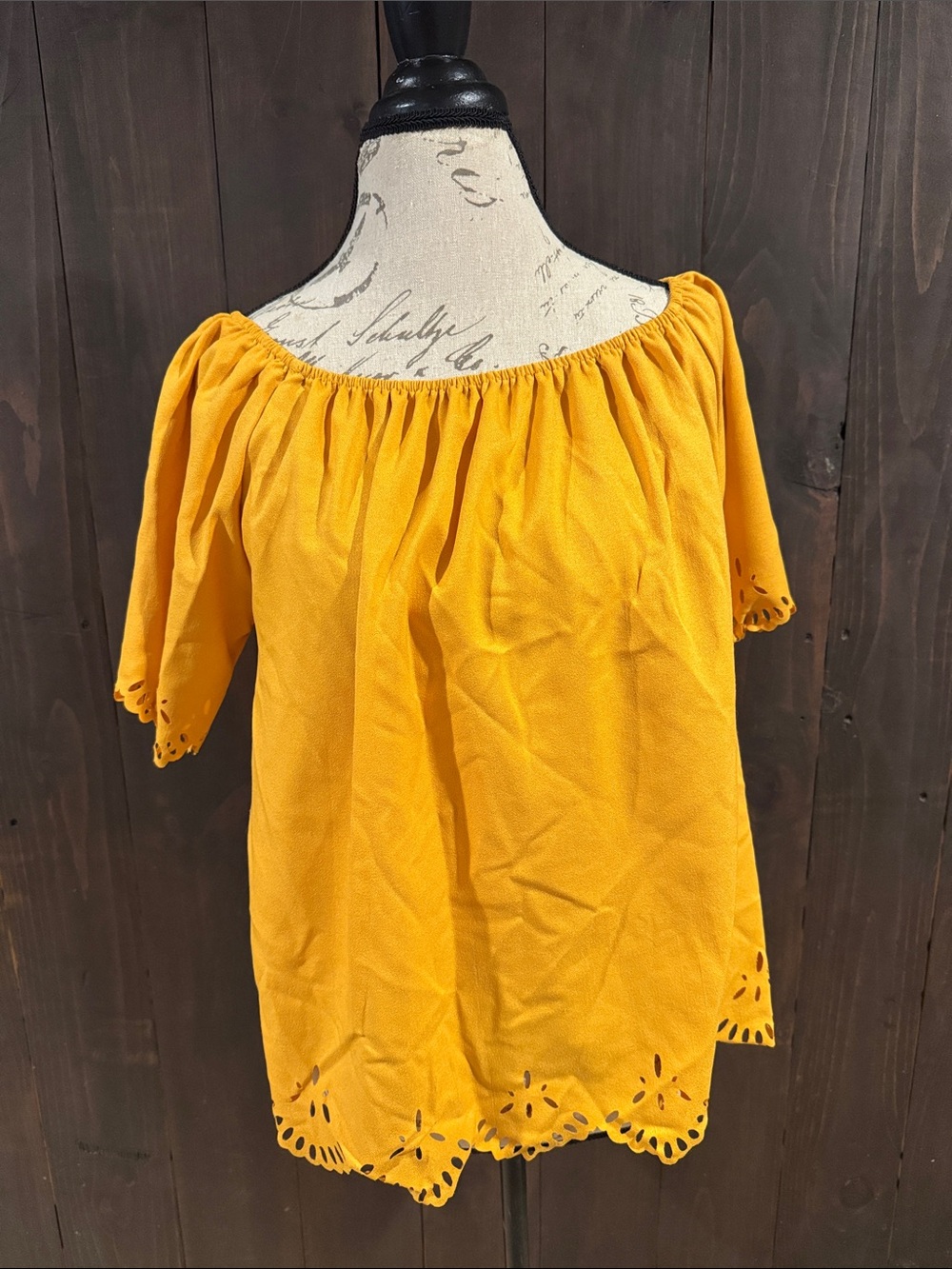 Mustard Off-Shoulder Eyelet Hem Women's Top
